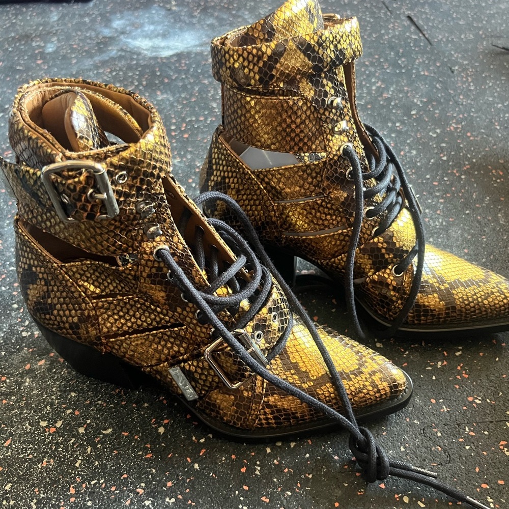 Chloe Yellow and Brown Snakeskin Lace-Up Boots